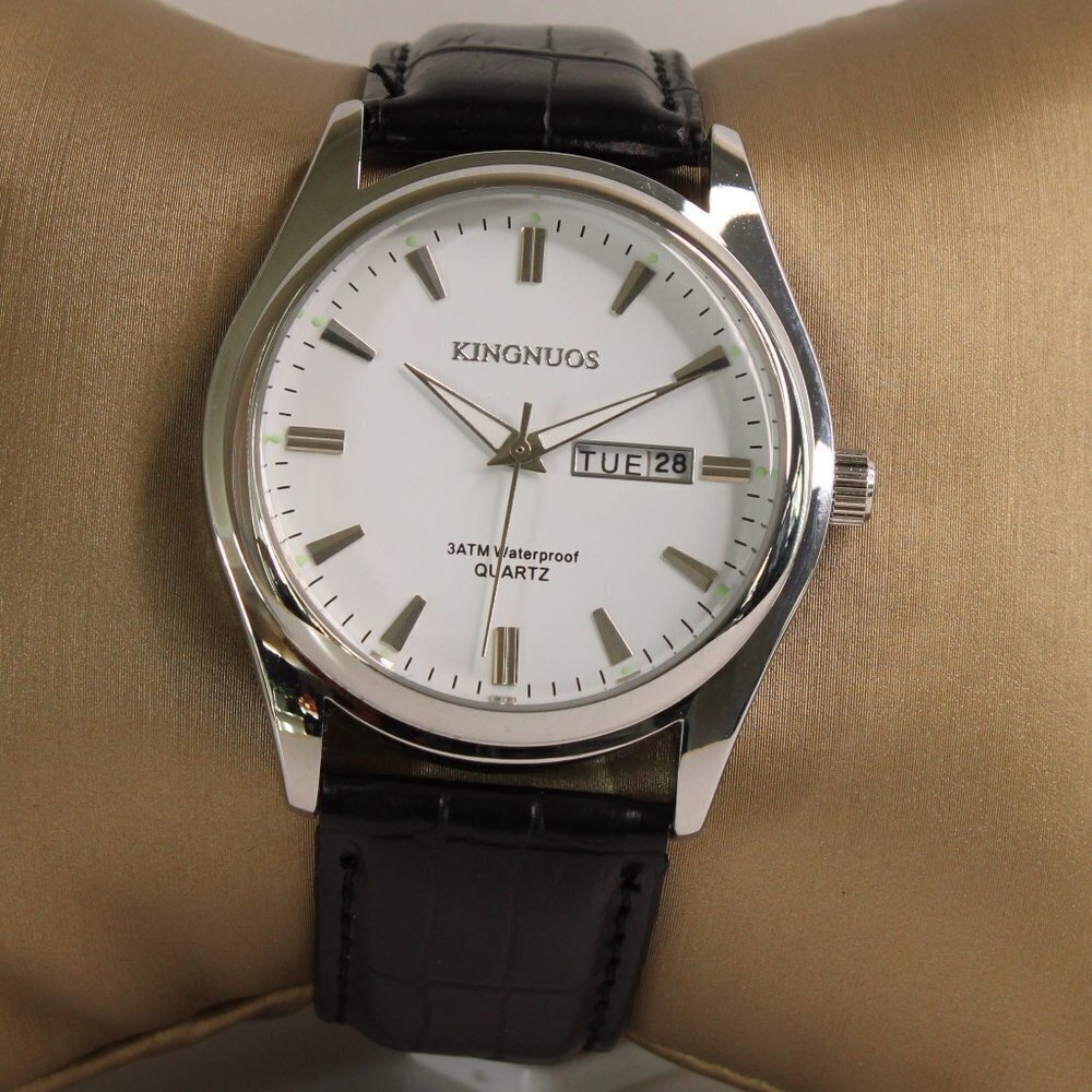 Men's Contemporary Dress Watch Silver Case Black Leather Watch Strap 40mm - Picture 3 of 13